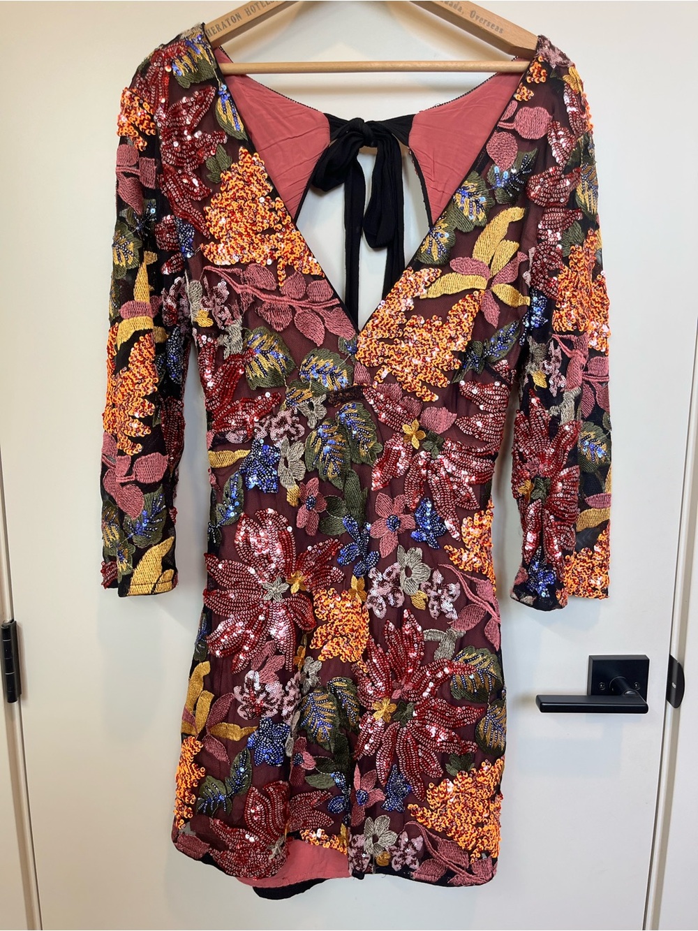 Anthropologie Pink Multi Sequin Floral V-Neck Dress
